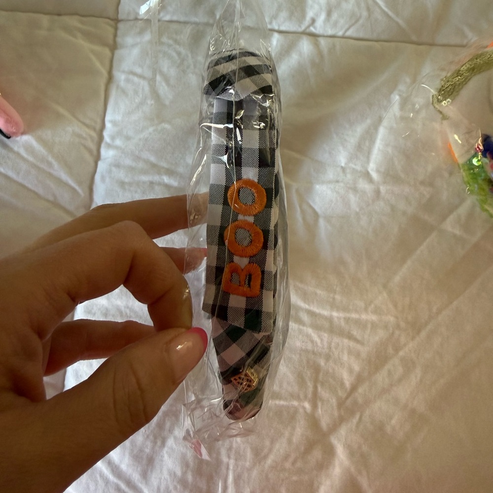 Brianna Cannon Black and White Gingham Headband with Orange 'BOO'